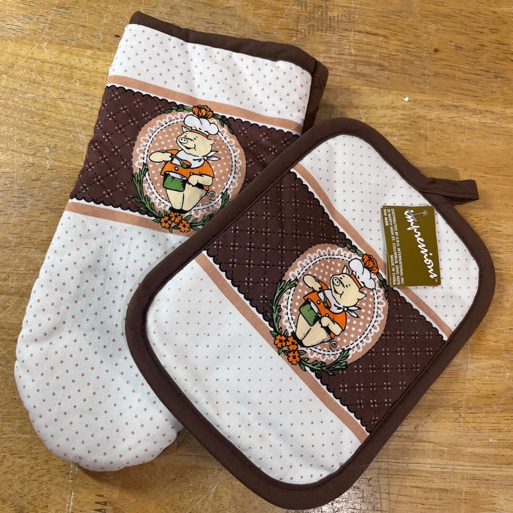 Impressions Oven Mitt Pot Holder Set Brown Vtg Chef Pig Farmhouse Kitsch